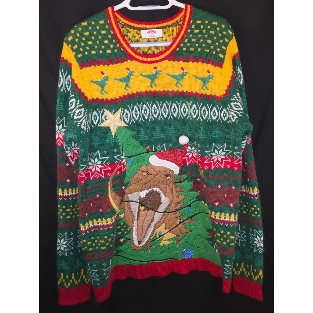 Holiday Time Men's Ugly Christmas Sweater Dinosaur Tree Lights Holiday‎ Size L